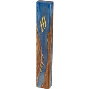 Picture of Polyresin Epoxy Mezuzah Case Rectangle Shape Wood Look Accent Gold Shin Blue 15cm